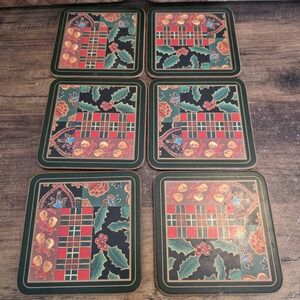 Pimpernel Holiday Coasters Holly Berries Plaid Jingle Bells Cork Backing 6 W/Box